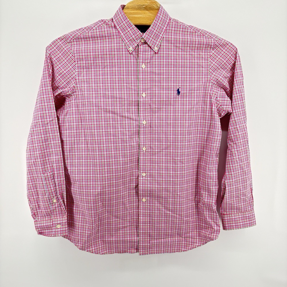 Ralph Lauren Mens Large Solid Pink Plaid Blue Pony Button Down Long Sleeve